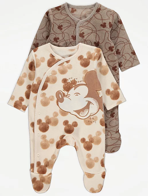 George UK Disney Mickey Mouse Light Tan Fleece Sleepsuits 2 Pack