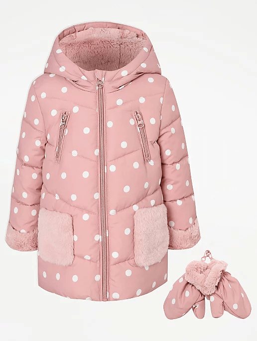 George UK Pink Polka Dot Print Longline Shower Resistant Coat and Mittens